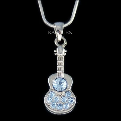 Blau Akustik Gitarre ~ mit Swarovski Kristall Musik Rock Klassische Halskette - Bild 1 von 2