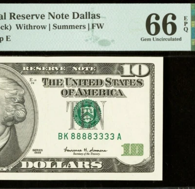 1999 $10 Federal Reserve Note - PMG 66EPQ - Double Quad Serial Number 88883333 - Image 1 of 3
