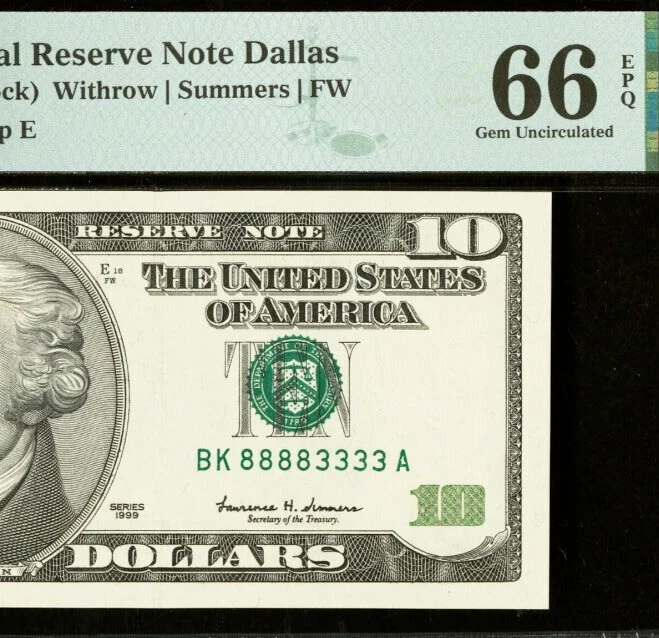 1999 $10 Federal Reserve Note - PMG 66EPQ - Double Quad Serial Number 88883333 - Image 1 of 3