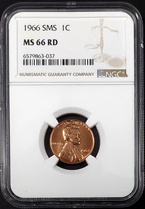 1966 SMS Lincoln Cent graded MS 66 RD by NGC! sku 3-037 - Picture 1 of 4