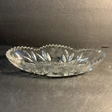 Vintage Cut Glass Crystal Daisy Leaves Sawtooth Scalloped Rim Oval Bowl   Heavy