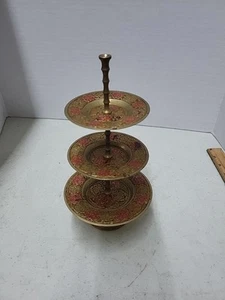 Vtg Brass Enamel 3 Tier Serving Stand Trinket Dish Floral Lotus Made India 9” - Picture 1 of 4