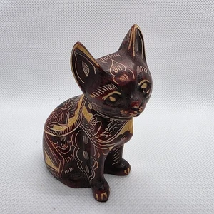 Katze geschnitzte Figur sitzend orientalisch klein 3,5" EUC detailliert - Bild 1 von 7
