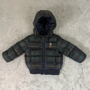 Polo Ralph Lauren Jacket Infant 12M Green Plaid Hooded Down Puffer Polo Bear - Picture 1 of 9