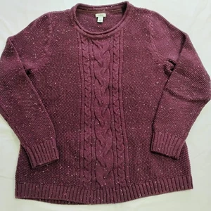 LL Bean Speckled Sweater Chunky Cable Knit Cotton Pullover Burgundy Top Large  - Picture 1 of 9