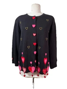 Jack B Quick VTG Dangling Hearts Cardigan Black Knit Sz XL Beaded Sequined FUN - Picture 1 of 9