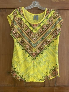 Top tejido azteca con lentejuelas amarillo verde rosa New Directions Weekend para mujer pequeño - Imagen 1 de 6
