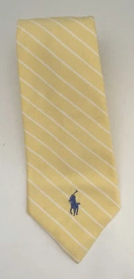 POLO Ralph Lauren Hand Made 100% Cotton Neck Tie Yellow w/ White Stripes SALE! - Image 1 of 4