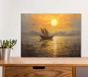 Water Boat & Moon Painting 5mm thick Plastic Poster Ready to Hang 60x45cm - Picture 1 of 3