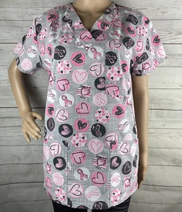 Just Love Scrub Top Small Gray Pink Breast Cancer Awareness Hearts Cotton Blend - Picture 1 of 12