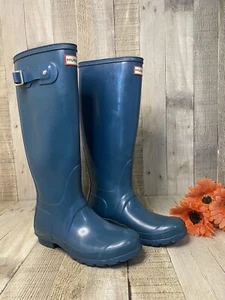 Hunter Green Blue/Teal Green Rubber Tall Pull On Rain Boots Women's US SZ 6 - Picture 1 of 15