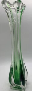 Vintage Green Stretch 4 Finger Swung Art Glass Vase 9.5" Hand Blown MCM - Picture 1 of 7