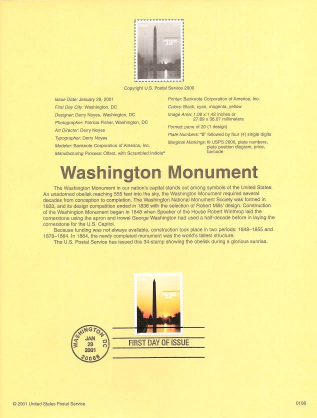 #0108 $12.25 Washington Monument Express Mail Stamp #3473 Souvenir Page - Image 1 of 1