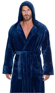 Navy Blue Cotton Fleece Hooded Robe for Men, One Size Adult, 50 inch Length. - Picture 1 of 2