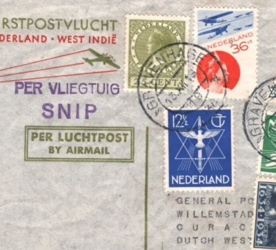 NETHERLANDS-CURACAO Air Mail Cover *SNIP* XMAS FLIGHT 1934 MIXED FRANKING MA226 - Image 1 of 4