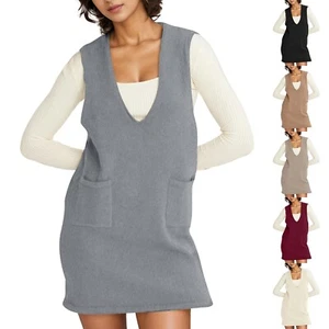 Women's Fashion Loose Vest Casual Pocket Sweater Solid Color Back Dresses - Picture 1 of 30