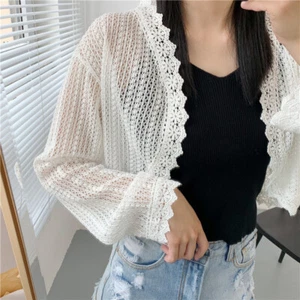 Women Girl Lace Cardigan Shrug Bolero Coat Jacket Crop Tops Hollow Out Retro - Picture 1 of 17