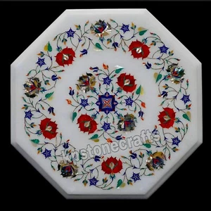 Octagon White Marble Table Top | Handmade Abalone Shell & Carnelian Inlay | Luxu - Picture 1 of 7