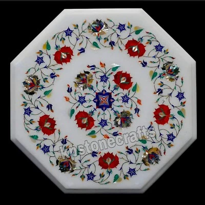 Octagon White Marble Table Top | Handmade Abalone Shell & Carnelian Inlay | Luxu - Image 1 of 4