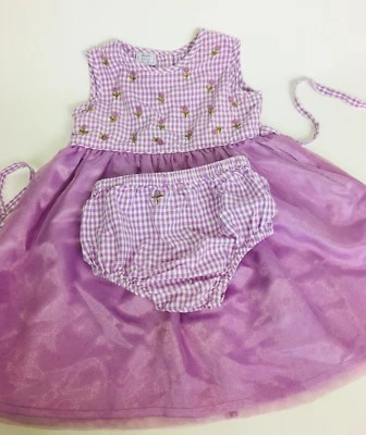 Monsoon Baby Girls Dress & Bloomers 6-12 MOS Purple Gingham Embroidered Tulle - Image 1 of 4