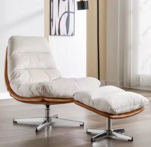 Lounge chair, Ottoman style, Modern Leather, Cream PRICE INCLUDES FREE SHIPPING - Picture 1 of 6