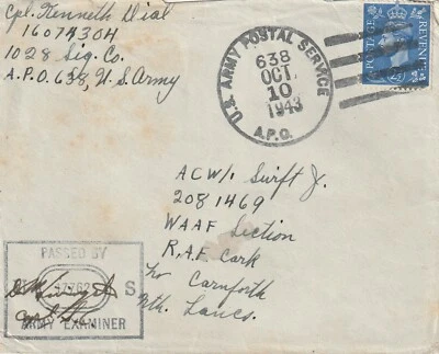 1943 USA censored cover sent from 1028 Sig Co to WAAF RAF Cark - Image 1 of 2