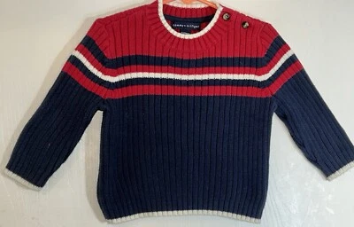 Tommy Hilfiger 男宝宝 6/9 个月毛衣长袖红色/海军蓝/白色罗纹纽扣 — 第 1/4 张图片