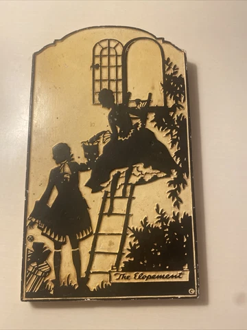 Vintage Painted Silhouette Plaster Of Paris Tile "The Elopemen"  1930' 8.5" x 5" Cover