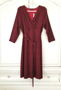 Talbots Red Black Plaid Surplice Front Bracelet Sleeve Belted Midi Dress XL NWT - Picture 1 of 6