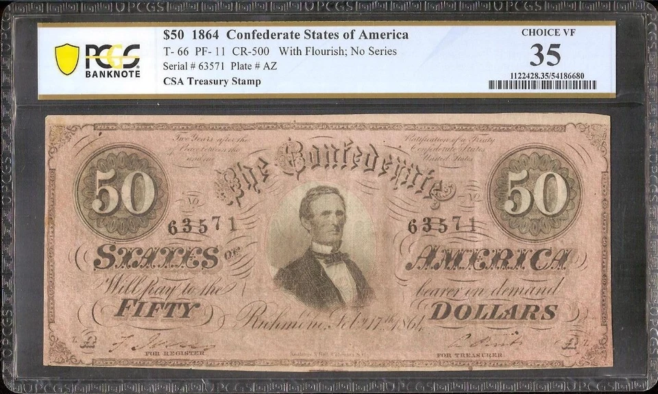 1864 $50 BILL CONFEDERATE STATES NOTE CIVIL WAR MONEY RED CSA STAMP T-66 PCGS 35 - Image 1 of 2