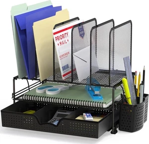 Organizador de escritorio de malla simple para artículos para el hogar con cajón deslizante, bandeja doble negro - Imagen 1 de 7