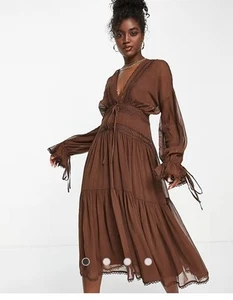 ASOS Design braunes Kleid gehäkelt Bauern Blouson Ärmel Midi Maxi Gr. 6 - Bild 1 von 18