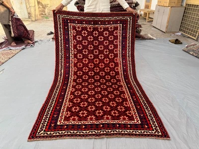 4'1x6'8 ft Vintage Turkish Inspired Caucasian Star Pattern Geometric Kitchen Rug - Image 1 of 4