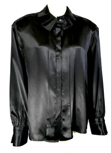 Vintage Brownstone Studio Fan Pleat Collar Hong Kong Black Silk Blouse L XL 16 - Picture 1 of 10