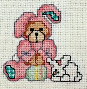 Cross Stitch Multicolor Easter Bunny Teddy Bear Holiday Finished Piece - Picture 1 of 11