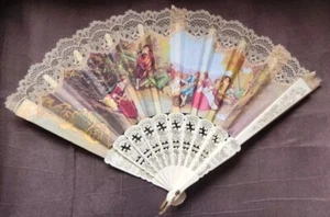 Vintage Fabric Lace Victorian Colonial Scene Hand-Held Folding Ladies 18" Fan - Picture 1 of 10