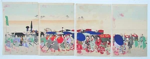 ANTIGUA PROCESIÓN FESTIVA JAPONESA EN BLOQUE DE MADERA 4 partes MEIJI - Imagen 1 de 5