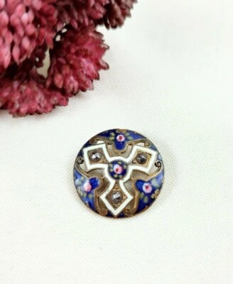 Antique Vintage Open Work Enamel Round Button Pink Flowers Steel Rivets 7/8" - Image 1 of 4