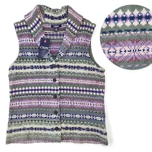 Nuevo CHAPS Fair Isle Suéter Chaleco Chal Cuello Botones Nórdico SW Verde Púrpura M - Imagen 1 de 12