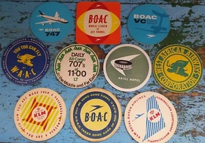 BOAC/KLM/WAAC/TMA/Ariel Hotel Vintage Drinks Coasters. 1960s/70s Lot of 10. VGC. - Picture 1 of 9