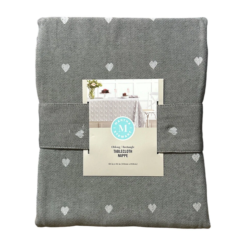 Martha Stewart Fabric Tablecloth Gray White Hearts 60x84 Oblong NEW - Image 1 of 4