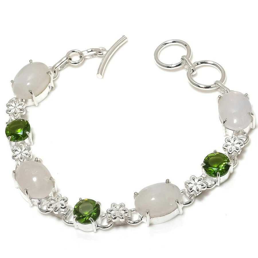 Rainbow Moonstone Peridot Quartz Gemstone Silver Plated Bracelet Jewelry 7-8" - Image 1 of 1