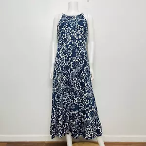 Chaps Large Maxi Dress Sleeveless Western Floral Blue Long Tie Back Flowy Womens - Picture 1 of 9