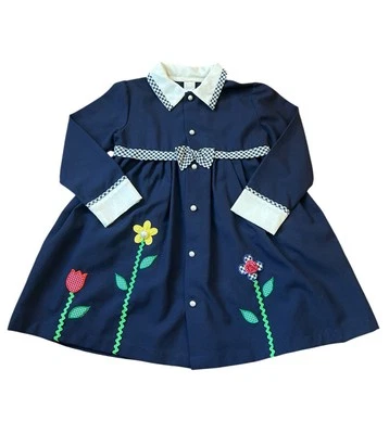 Vestido de Colección Niñas con Cuello Talla 6 6X Lazo de Guinga Bordado Flores Perla Botones Foto 1 de 4