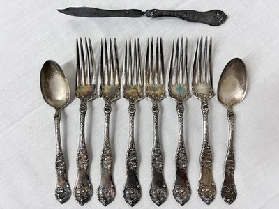 Antique 1910 Rogers A1 Briar Rose 6 Forks 2 Spoons 1 Cheese / Butter Knife - Image 1 of 4