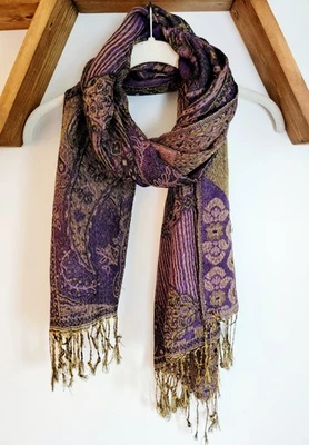 Cachecol feminino vintage roxo dourado cintilante com franja - Imagem 1 de 3