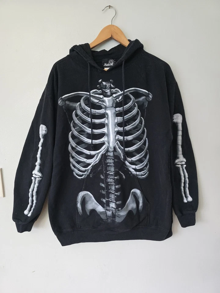 Y2K HYBRID SKELETON HOODIE SWEATSHIRT CYBER GRUNGE BLACK Large RARE Mall Goth - Image 1 of 4