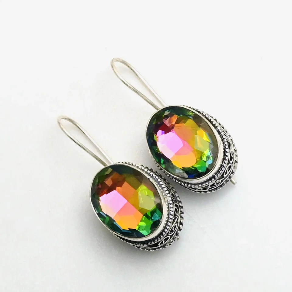 Mystic Topaz Gemstone Drop Dangle Antique Desing Earrings Jewelry 1.4" AE-95661 - Image 1 of 1
