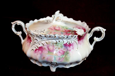 Antique RS Prussia Biscuit/ Cracker Jar And Lid - Gorgeous Floral - Red Mark - Image 1 of 4