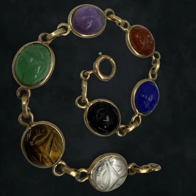 Vintage ✨ SOLID 10k GOLD ✨ Egyptian Revival Carved SCARAB Beetle Bracelet 11g - Image 1 of 4